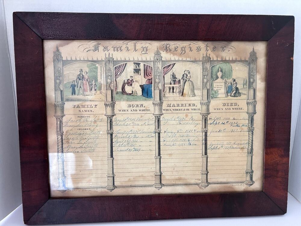 Currier & Ives Print "Smith" Family Register Early 1800s, . Framed Great Colors